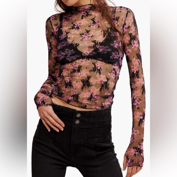 Free People Floral Mesh Long Sleeve Top - Picture 1 of 3